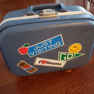 Vintage Blue Kids Suitcase with Fun Stickers